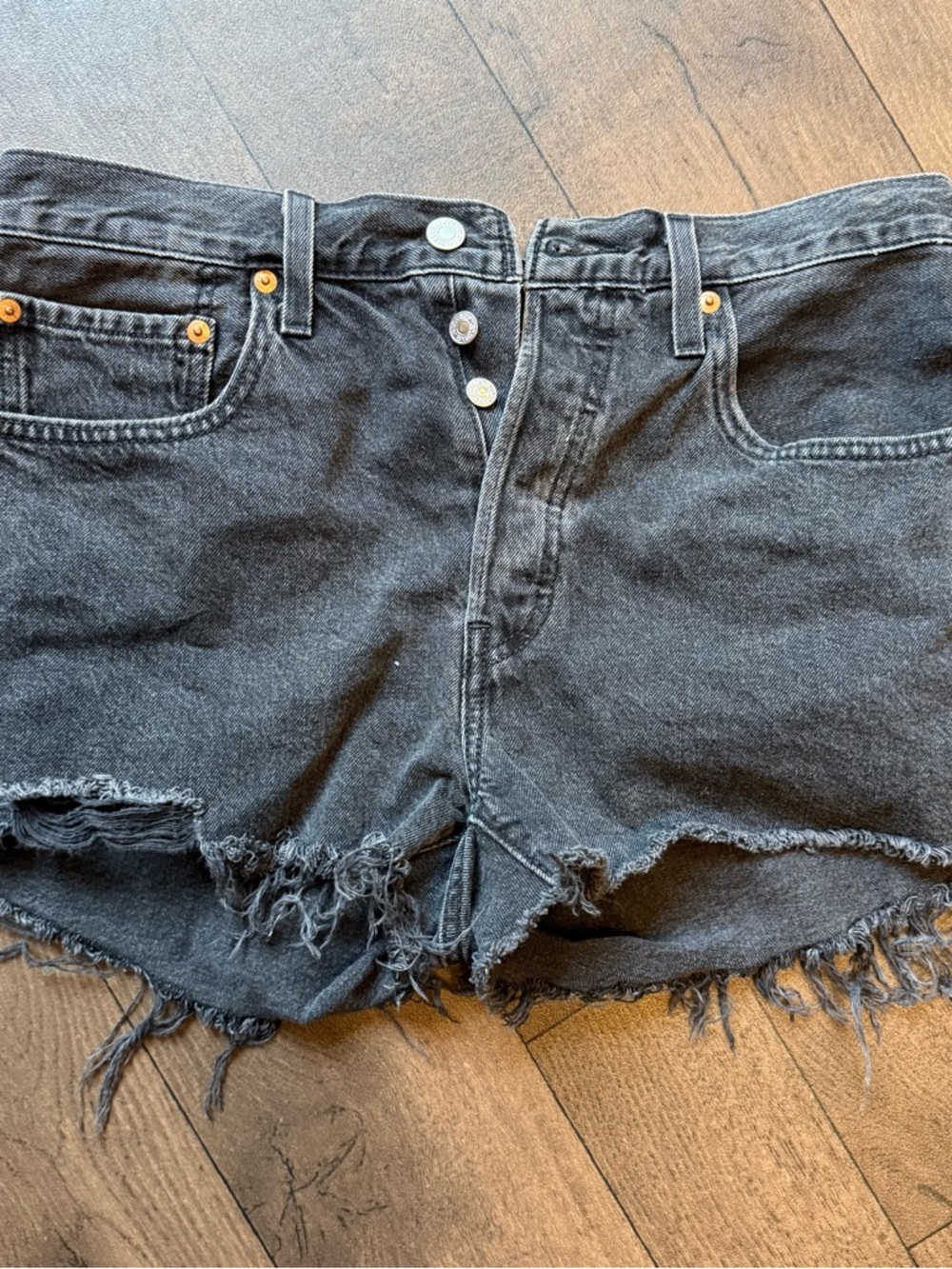 Levi’s 501 Distressed Black Denim Shorts Button Fly Women Size 30 Classic Raw He